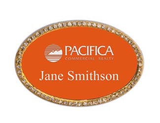 Gold Oval Framed Bling Name Tag with a Tangerine with White plastic insert