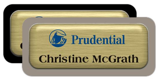 Brushed Gold Metal Name Tags with Plastic Borders and Epoxy
