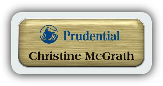 Metal Name Tag: Brushed Gold Metal Name Tag with a Light Grey Plastic Border and Epoxy