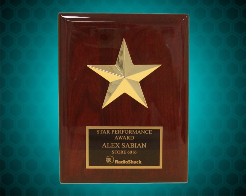 6 x 8 inch Star Casting with Gabled Points Gold-Tone Finish on Rosewood Plaque