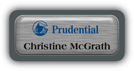 Metal Name Tag: Brushed Silver Metal Name Tag with a Charcoal Grey Plastic Border and Epoxy