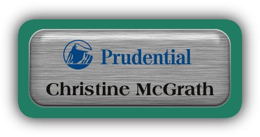 Metal Name Tag: Brushed Silver Metal Name Tag with a Pine Green Plastic Border and Epoxy