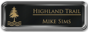 Framed Name Tag: Silver Metal (rounded corners) - Black and Gold Plastic Insert with Epoxy