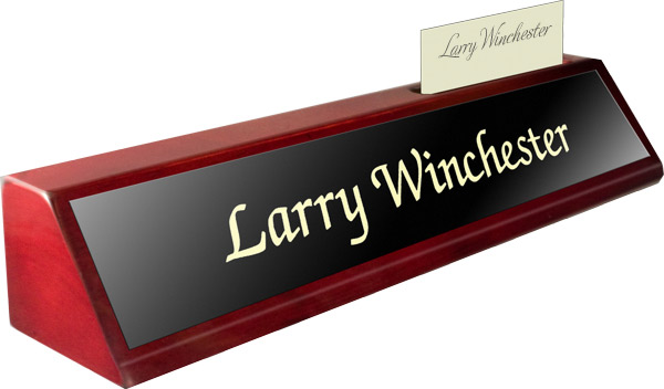 Rosewood Piano Finish Deskplate - Black Metal Name Plate with Gold Engraving, Card Slot
