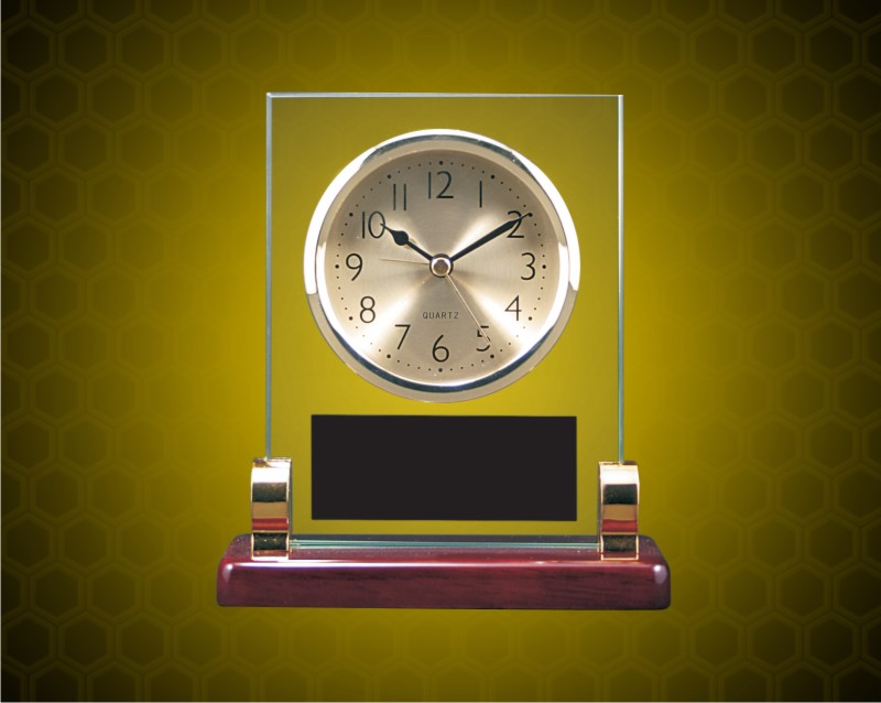5 3/4 x 6 1/2 inch Rectangle Glass & Piano Finish Desk Clock with Posts