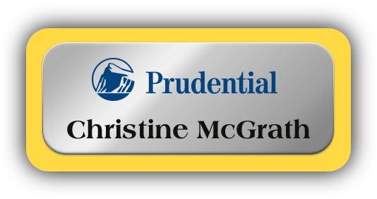 Metal Name Tag: Shiny Silver Metal Name Tag with a Yellow Plastic Border