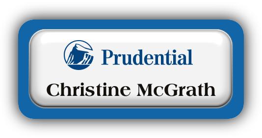 Metal Name Tag: White Metal Name Tag with a Blue Plastic Border and Epoxy