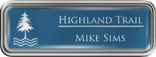 Framed Name Tag: Silver Plastic (rounded corners) - Sky Blue and White Plastic Insert with Epoxy